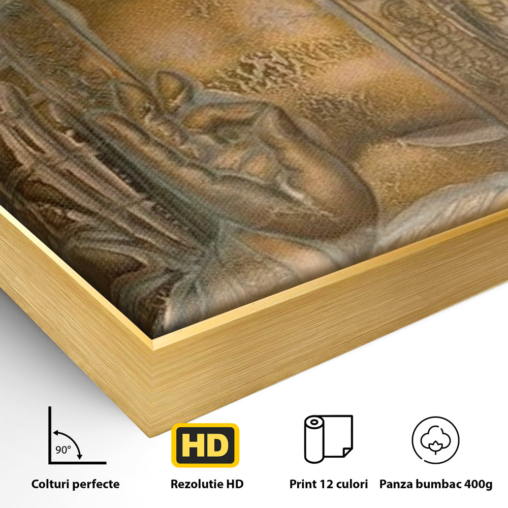 Detaliu al suprafetei: tablou canvas cu figura lui buddha, in rama de aluminiu auriu