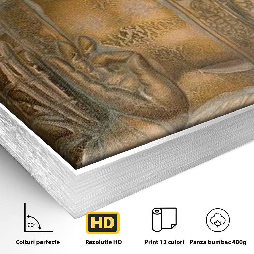 Detaliu al suprafetei: tablou canvas cu figura lui buddha, in rama de aluminiu argintiu