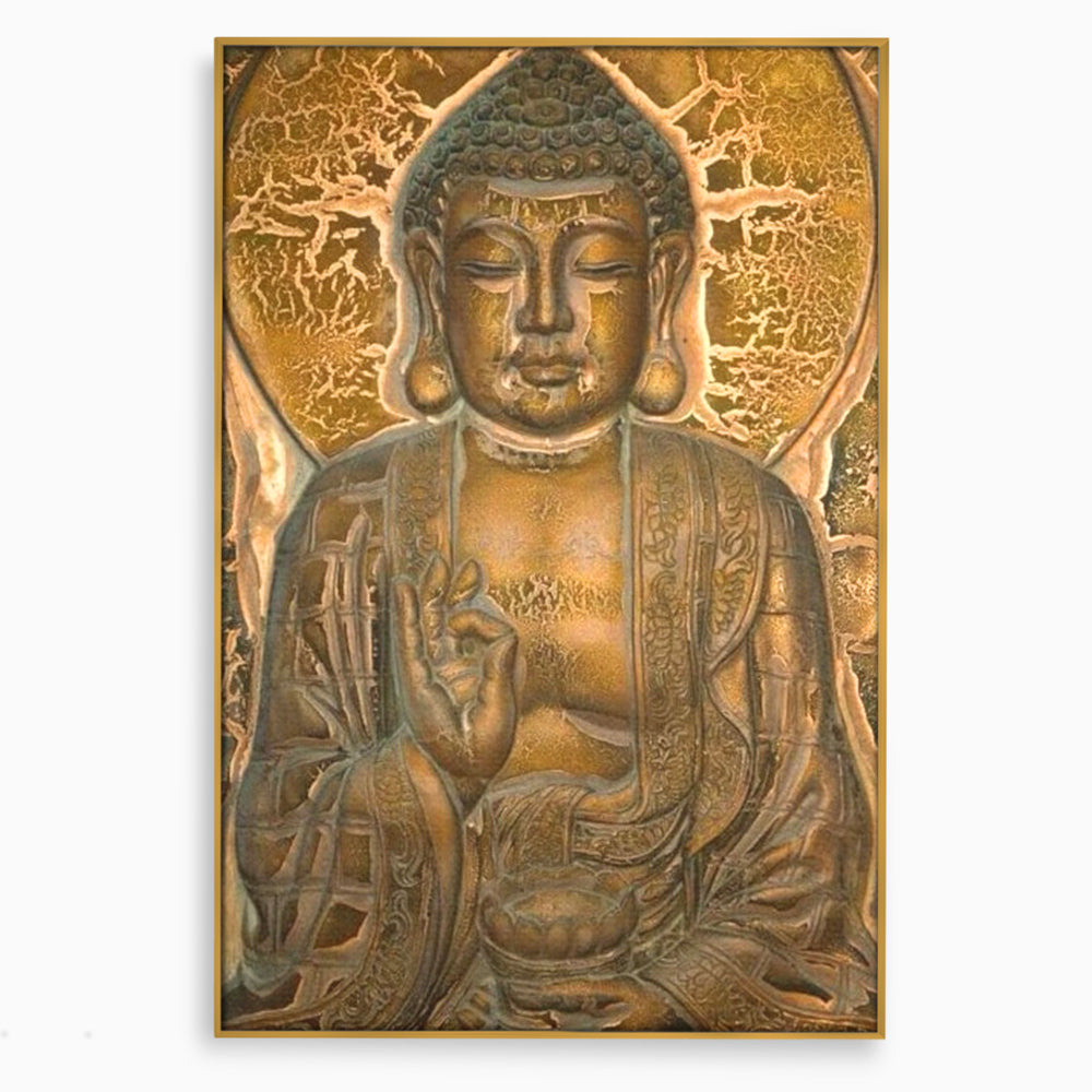 Tablou canvas cu tablou canvas cu figura lui buddha, in rama de aluminiu auriu