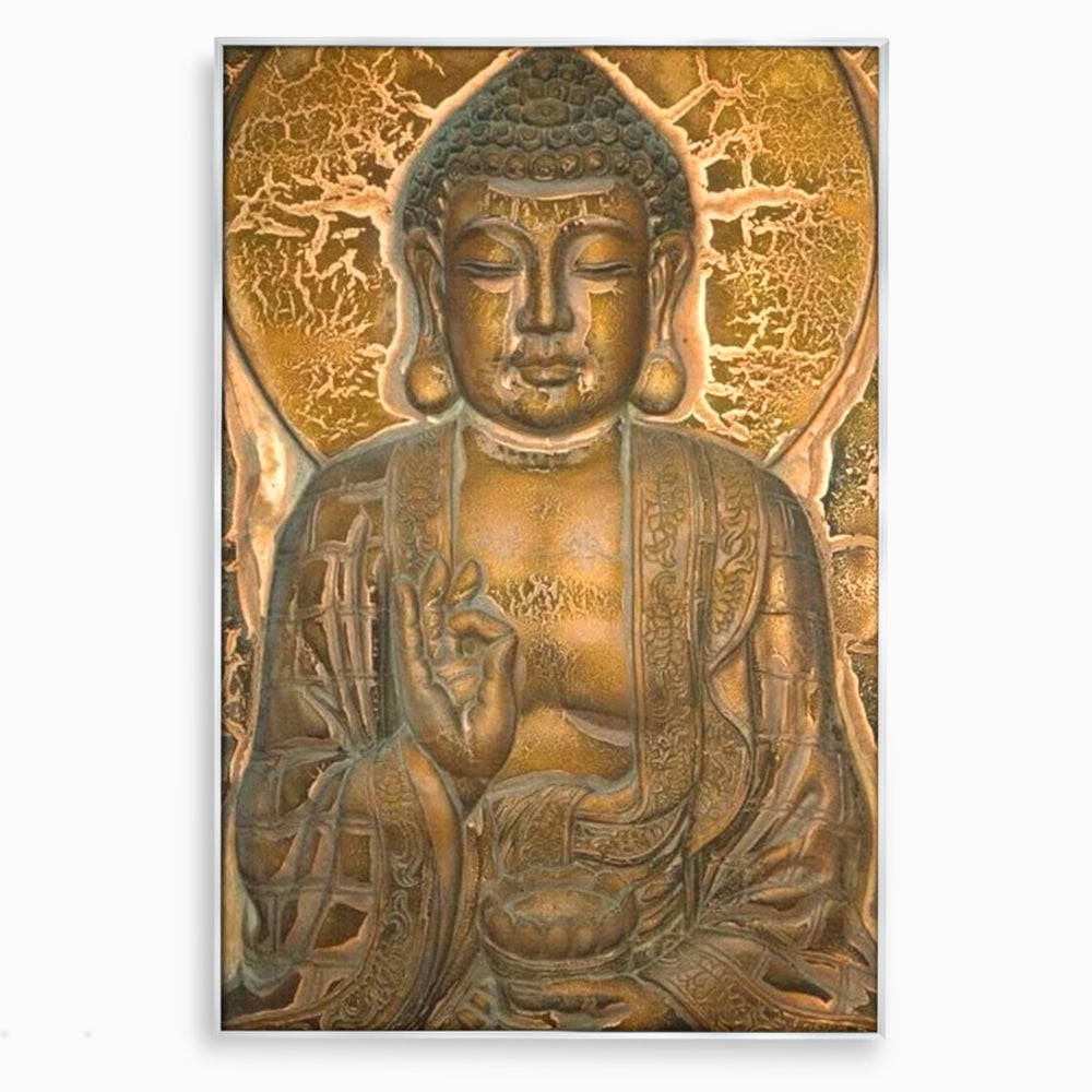 Tablou canvas cu tablou canvas cu figura lui buddha, in rama de aluminiu argintiu