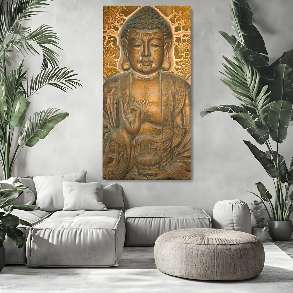 Tablou canvas cu tablou canvas cu figura lui buddha, fara rama, pe sasiu de lemn, pe perete intr-un living