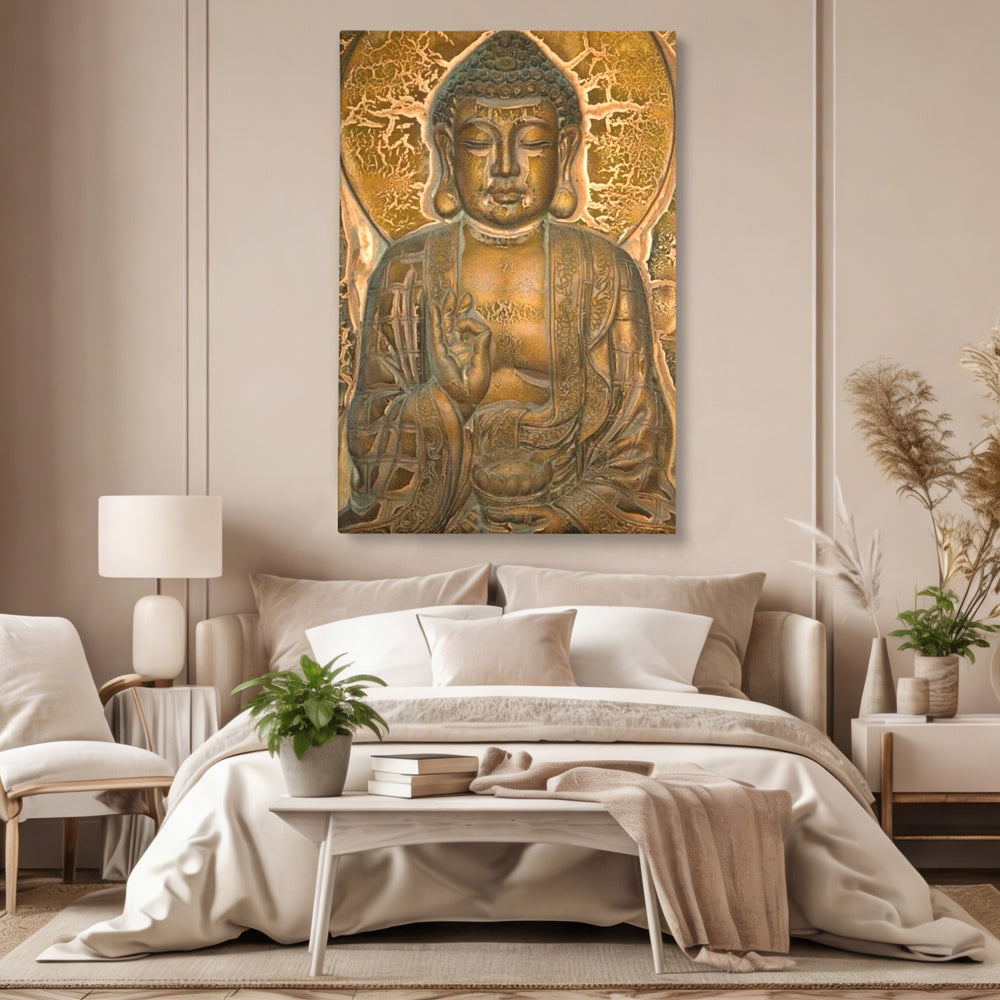 Tablou canvas cu tablou canvas cu figura lui buddha, fara rama, pe sasiu de lemn, pe perete intr-un dormitor
