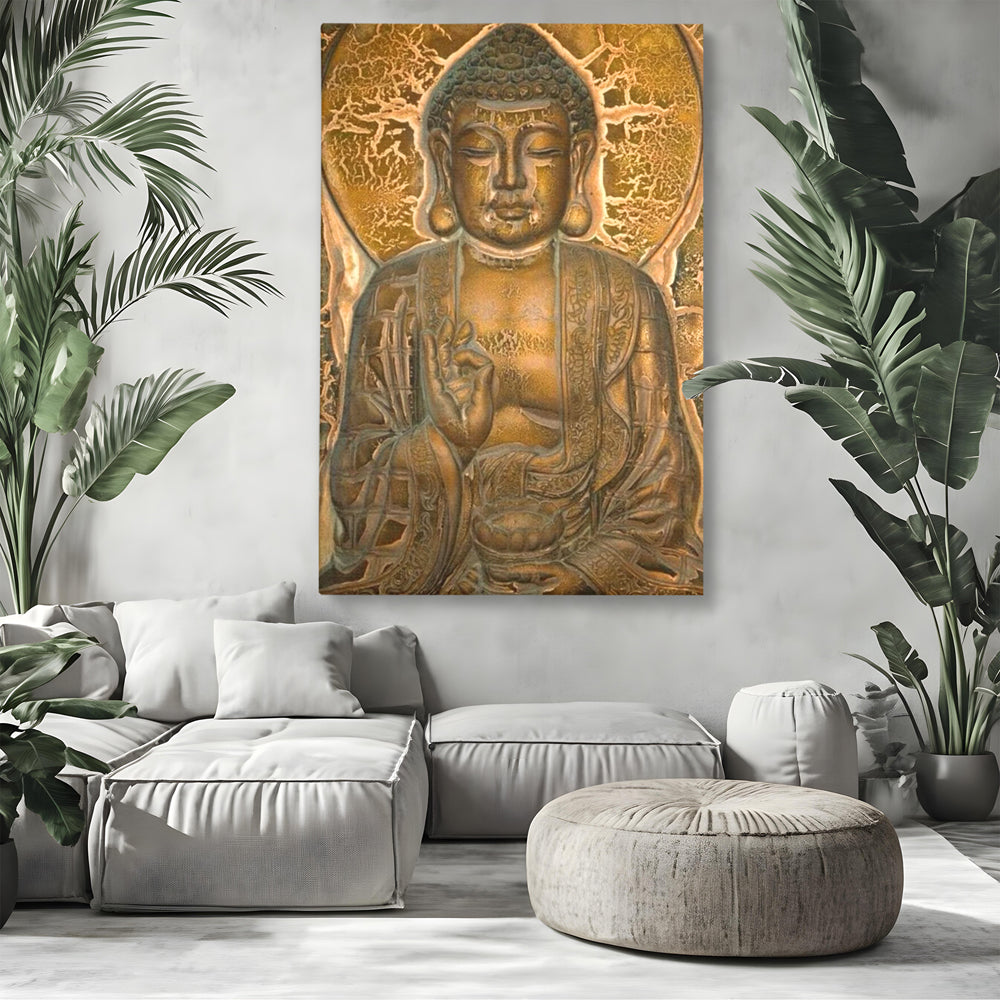 Tablou canvas cu tablou canvas cu figura lui buddha, fara rama, pe sasiu de lemn, pe perete intr-un living