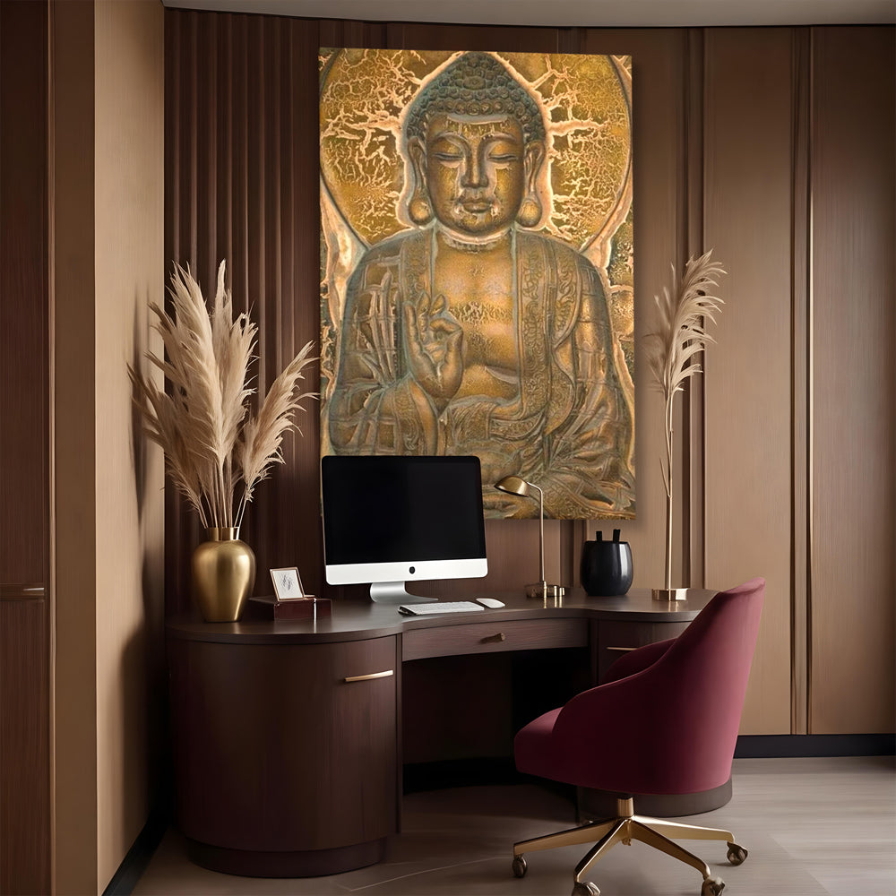 Tablou canvas cu tablou canvas cu figura lui buddha, fara rama, pe sasiu de lemn, pe perete intr-un birou