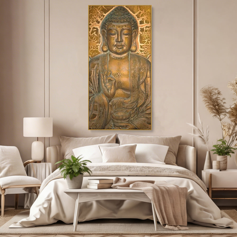 Tablou canvas cu tablou canvas cu figura lui buddha, in rama de aluminiu auriu, pe perete intr-un dormitor