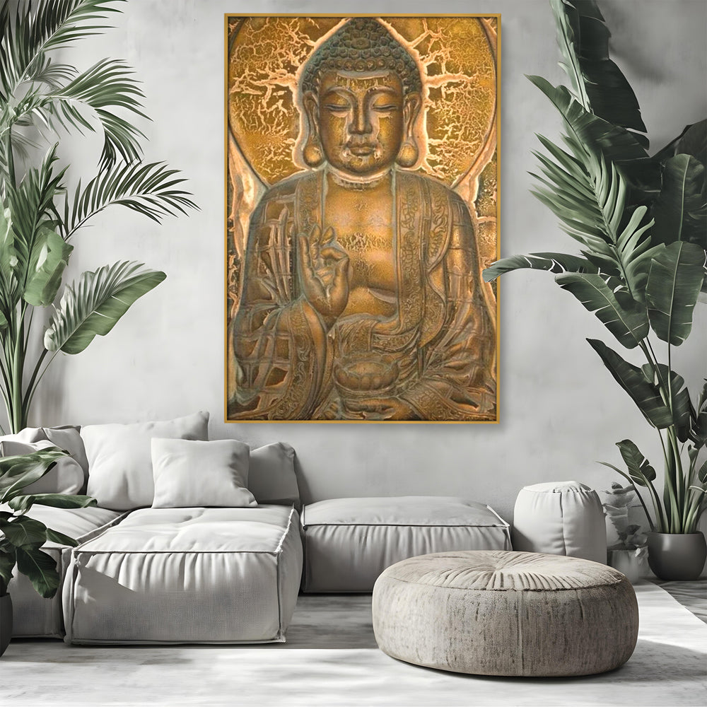 Tablou canvas cu tablou canvas cu figura lui buddha, in rama de aluminiu auriu, pe perete intr-un living