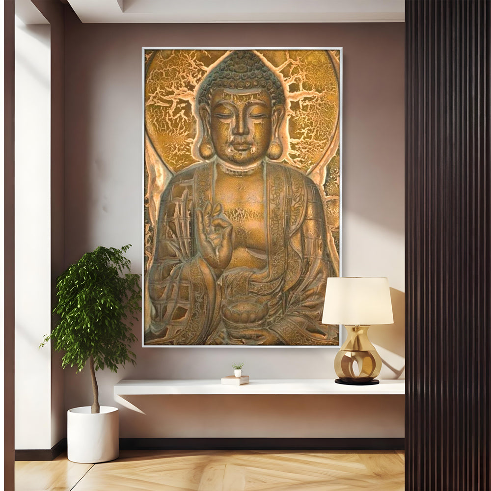 Tablou canvas cu tablou canvas cu figura lui buddha, in rama de aluminiu argintiu