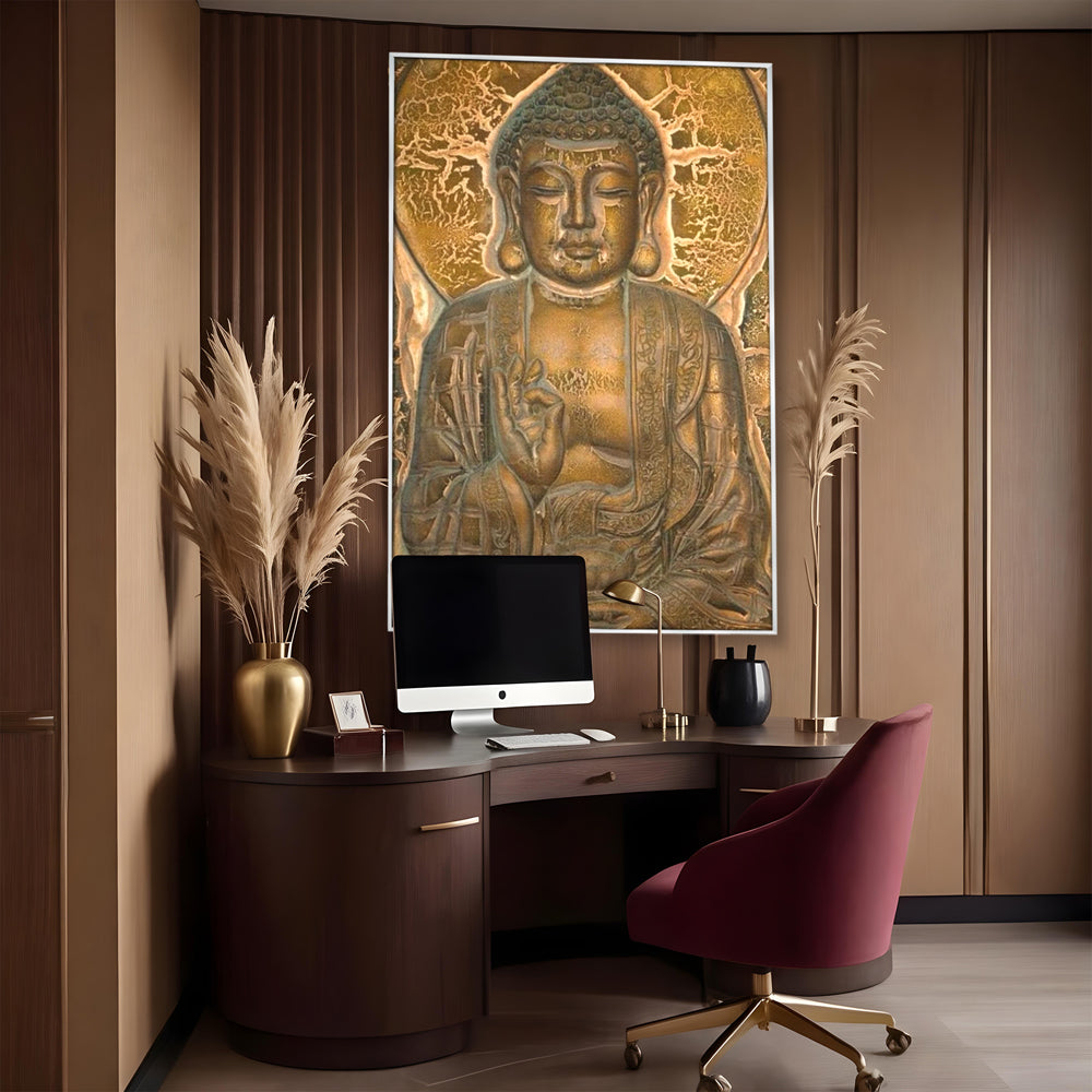 Tablou canvas cu tablou canvas cu figura lui buddha, in rama de aluminiu argintiu, pe perete intr-un birou