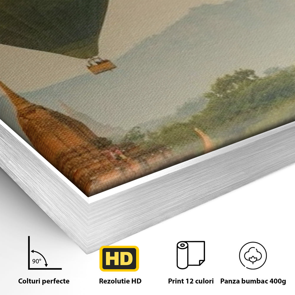 Detaliu al suprafetei: tablou canvas cu peisaj din bagan, in rama de aluminiu argintiu