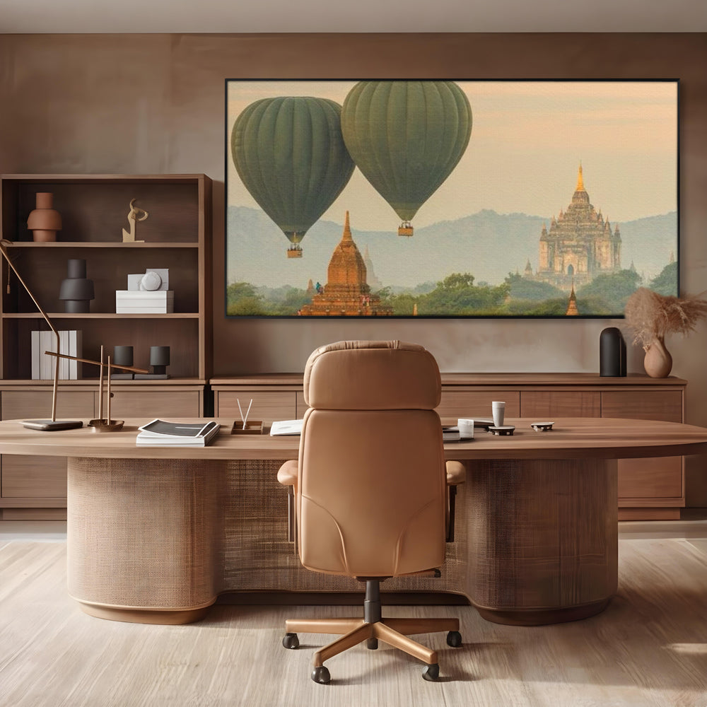 Tablou canvas cu tablou canvas cu peisaj din bagan, in rama de aluminiu negru, pe perete intr-un birou