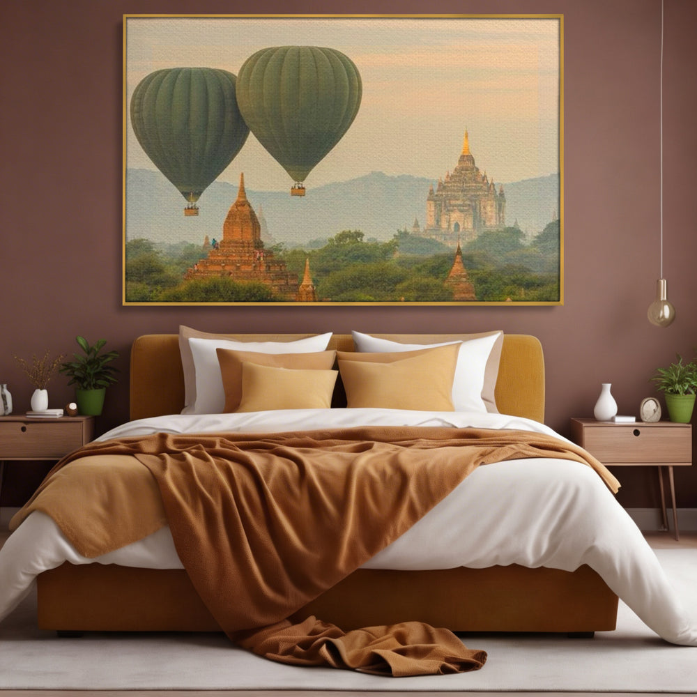 Tablou canvas cu tablou canvas cu peisaj din bagan, in rama de aluminiu auriu, pe perete intr-un dormitor