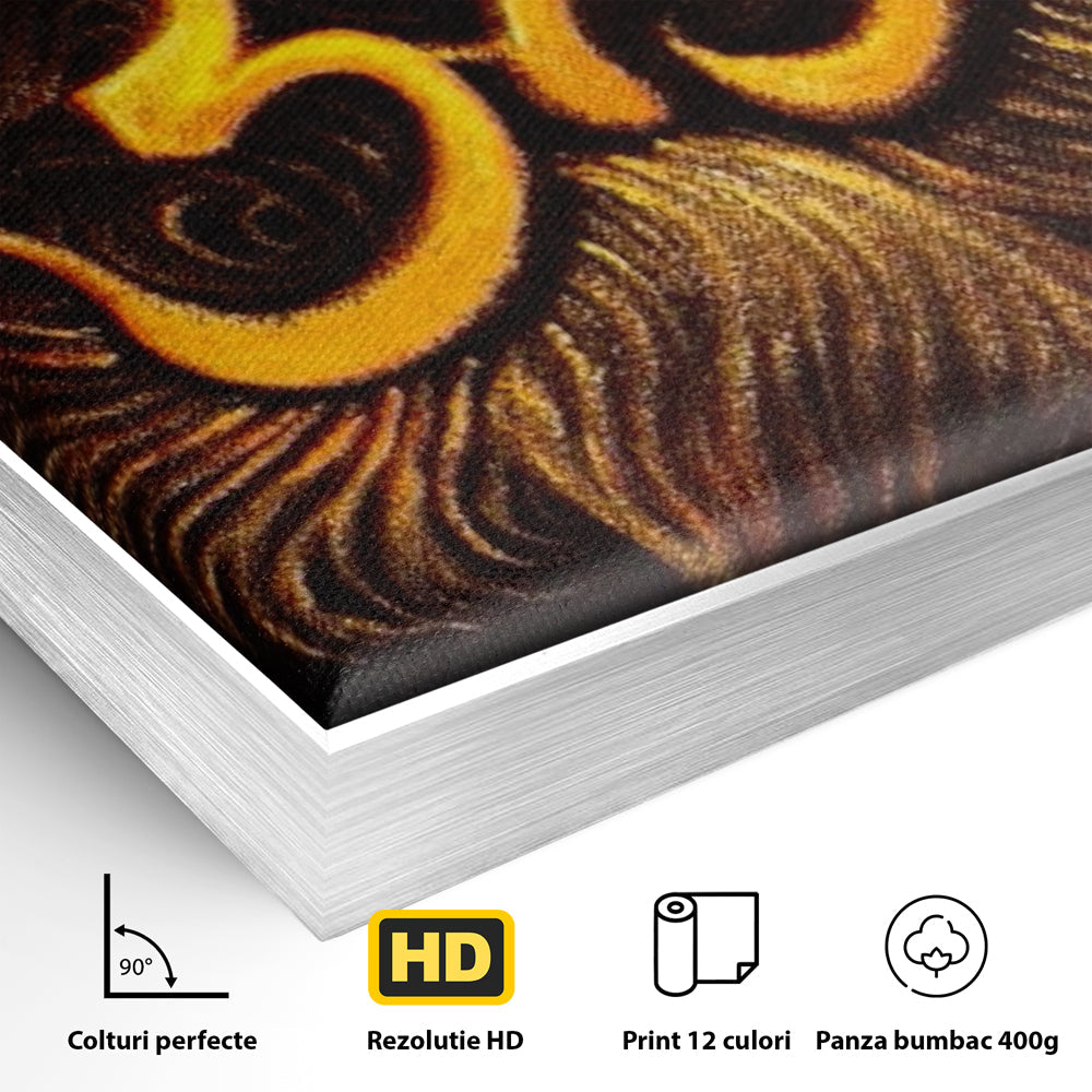 Detaliu al suprafetei: tablou canvas cu simbolul om aurit, in rama de aluminiu argintiu
