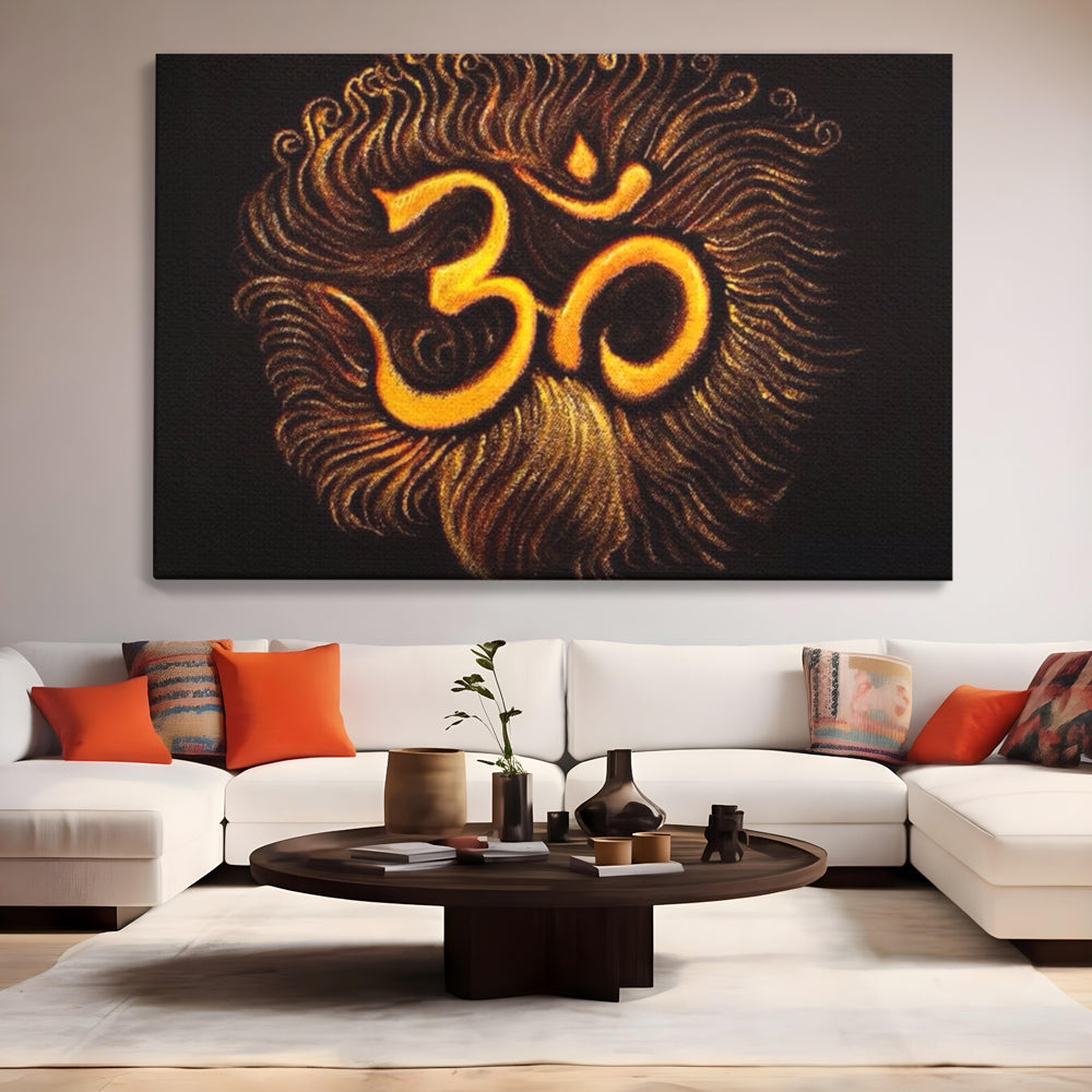 Tablou canvas cu tablou canvas cu simbolul om aurit, fara rama, pe sasiu de lemn, pe perete intr-un living