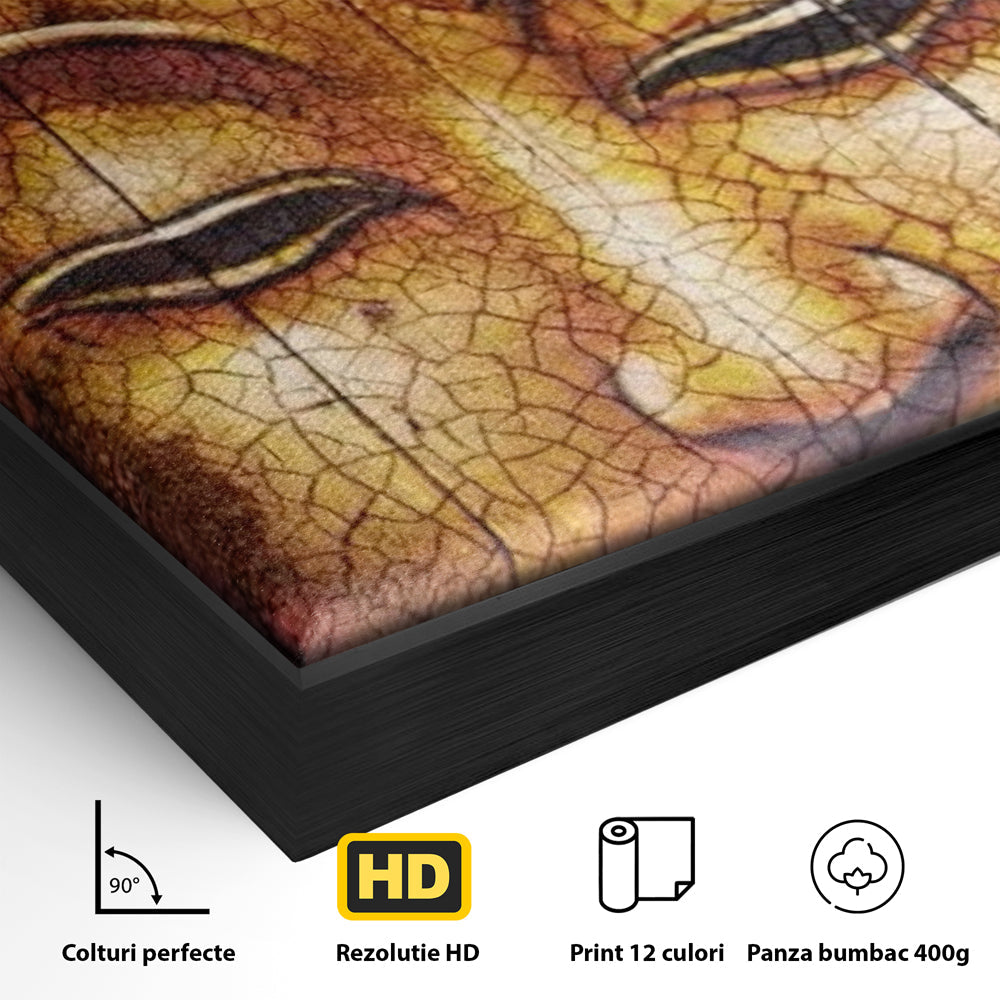 Detaliu al suprafetei: tablou canvas cu chipul lui buddha, in rama de aluminiu negru