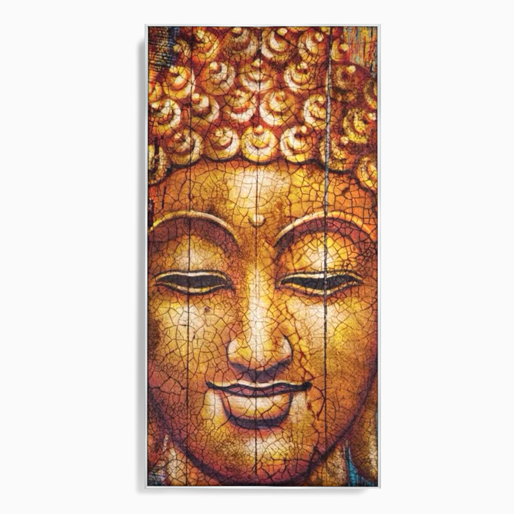 Tablou canvas cu tablou canvas cu chipul lui buddha, in rama de aluminiu argintiu