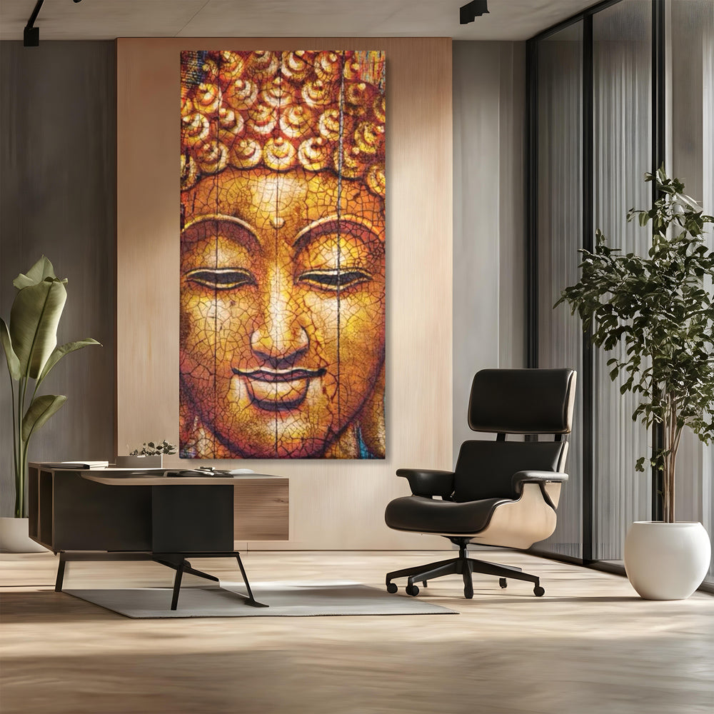 Tablou canvas cu tablou canvas cu chipul lui buddha, fara rama, pe sasiu de lemn, pe perete intr-un birou