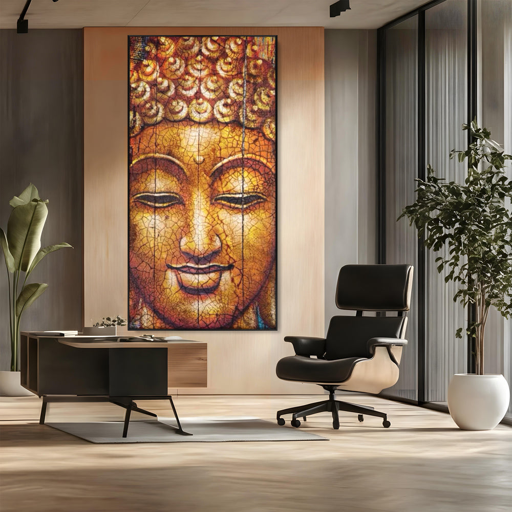 Tablou canvas cu tablou canvas cu chipul lui buddha, in rama de aluminiu negru, pe perete intr-un birou