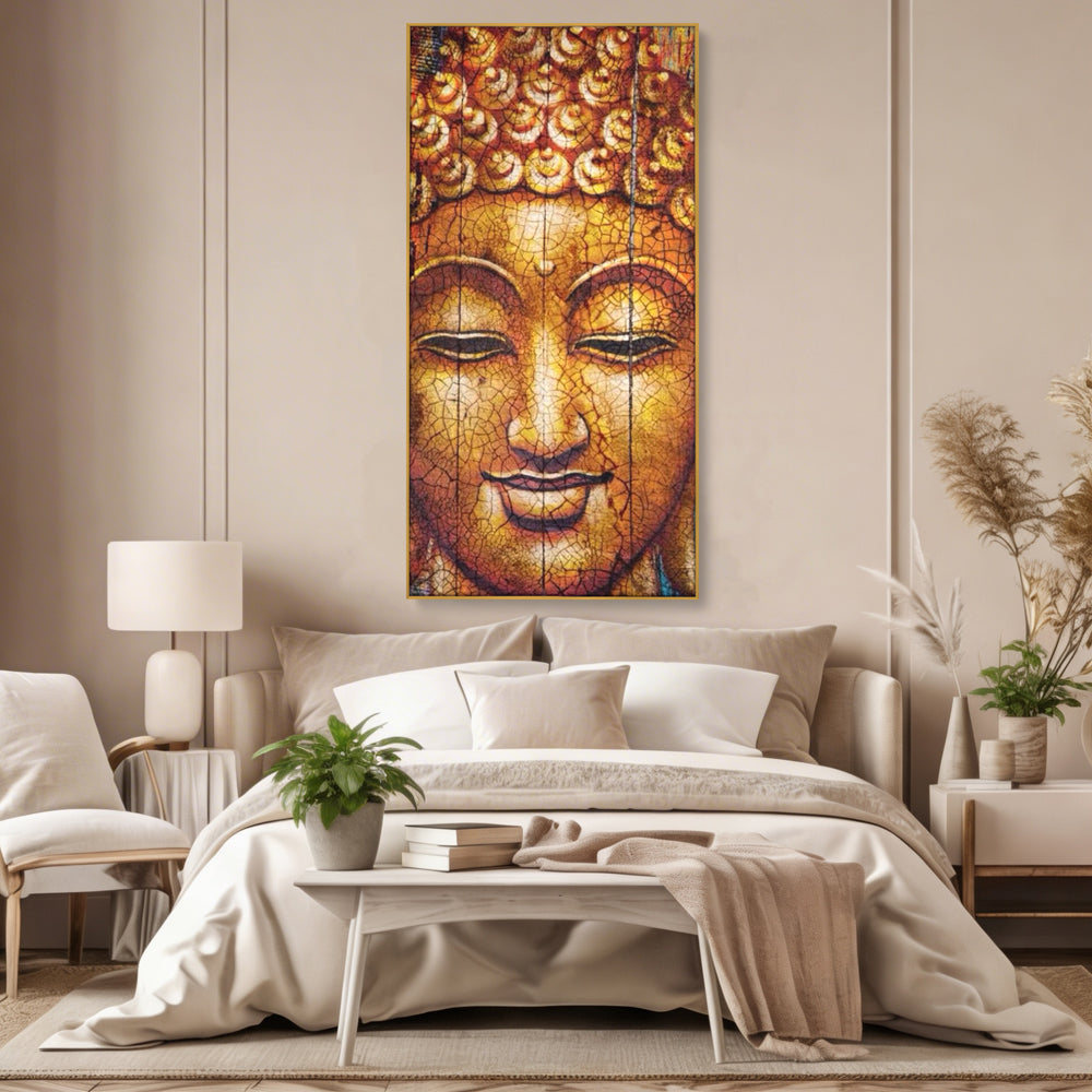 Tablou canvas cu tablou canvas cu chipul lui buddha, in rama de aluminiu auriu, pe perete intr-un dormitor