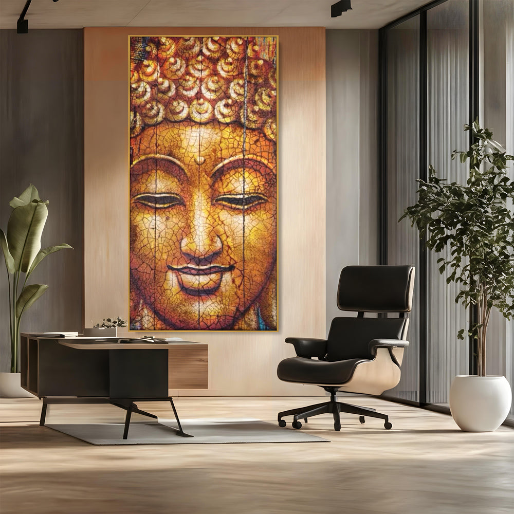 Tablou canvas cu tablou canvas cu chipul lui buddha, in rama de aluminiu auriu, pe perete intr-un birou