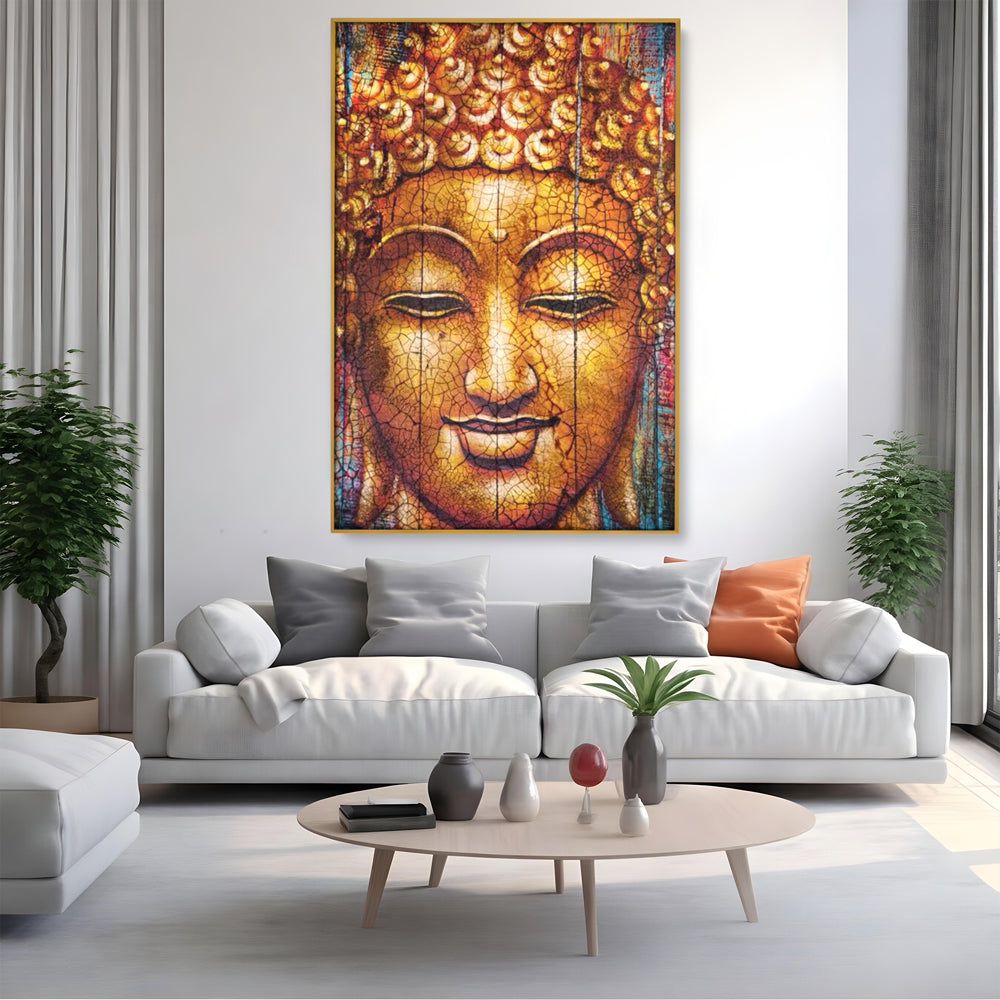 Tablou canvas cu tablou canvas cu chipul lui buddha, in rama de aluminiu auriu, pe perete intr-un living