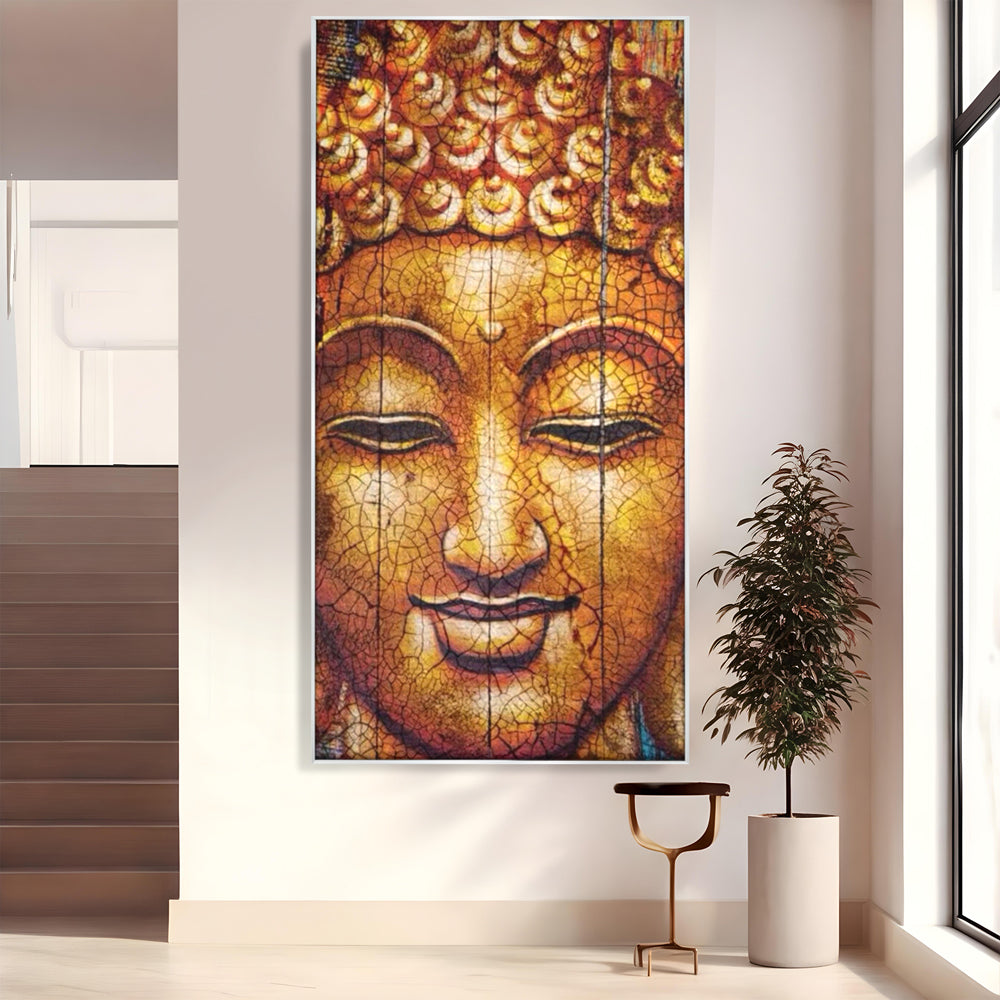 Tablou canvas cu tablou canvas cu chipul lui buddha, in rama de aluminiu argintiu