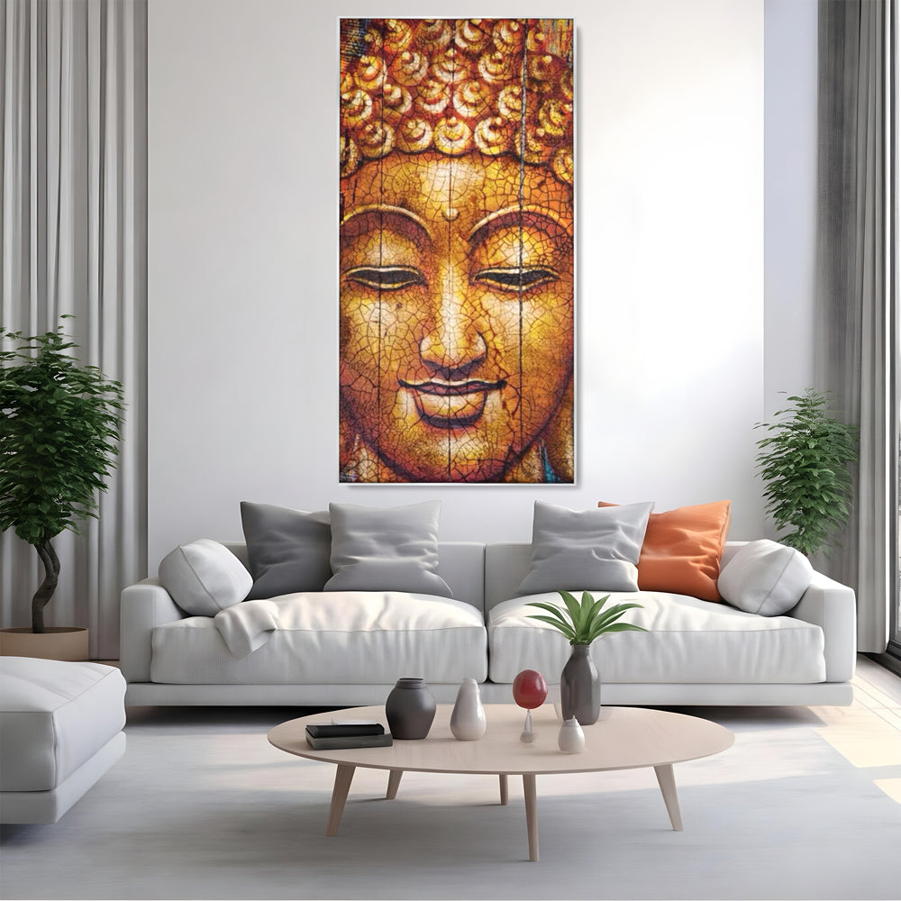 Tablou canvas cu tablou canvas cu chipul lui buddha, in rama de aluminiu argintiu, pe perete intr-un living