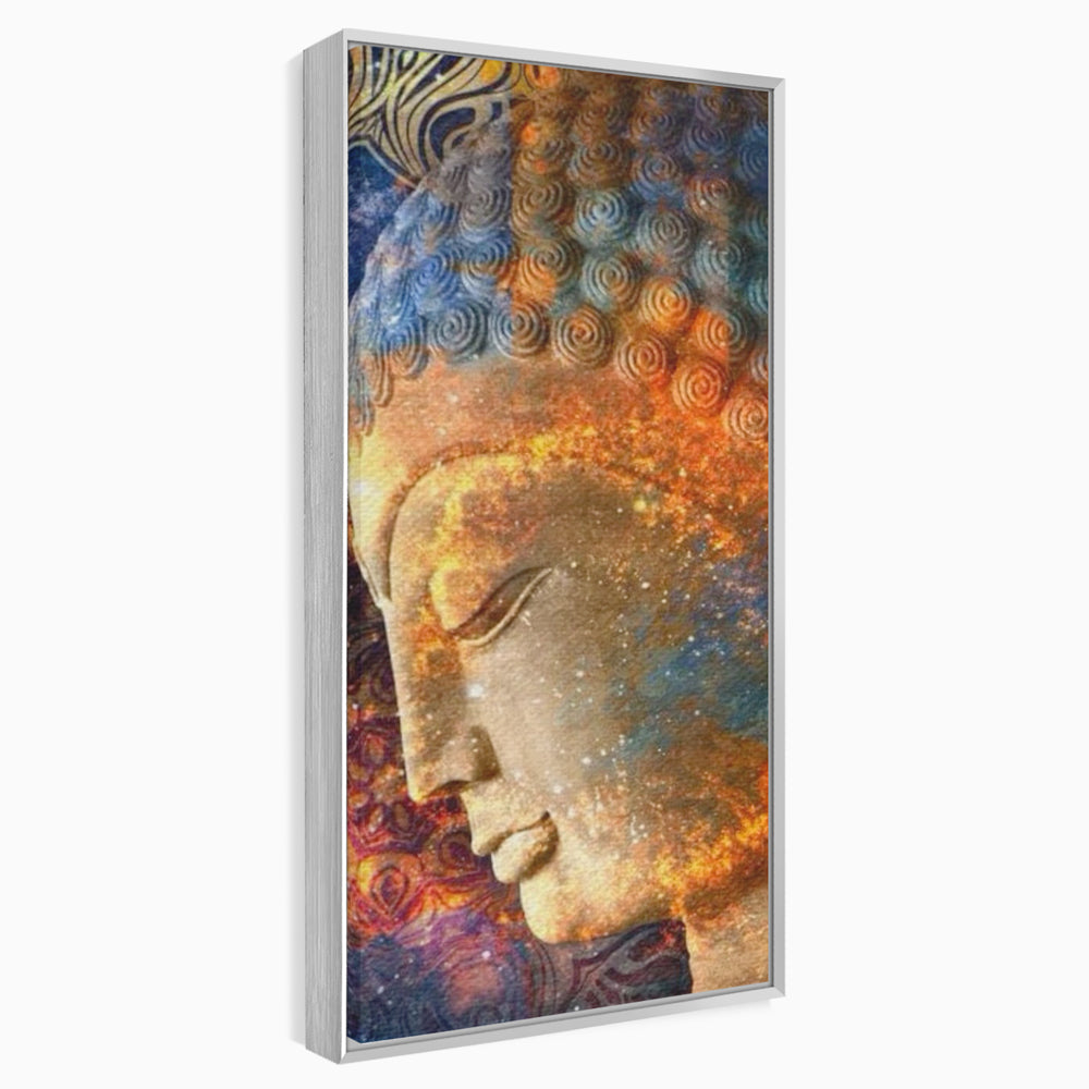 Tablou canvas cu tablou canvas cu profilul lui buddha, in rama de aluminiu argintiu