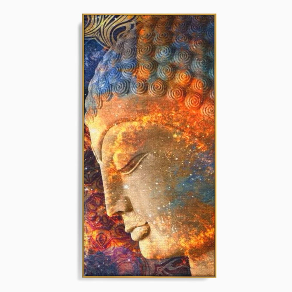 Tablou canvas cu tablou canvas cu profilul lui buddha, in rama de aluminiu auriu