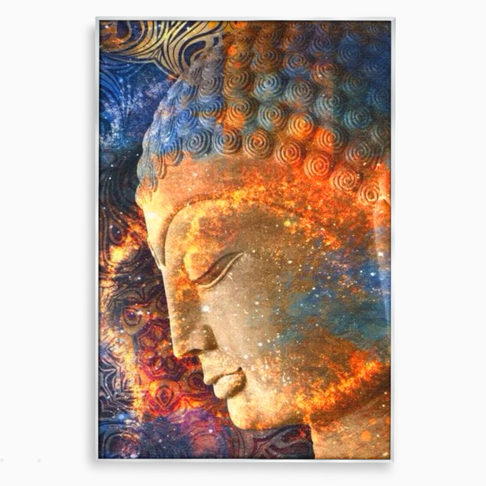 Tablou canvas cu tablou canvas cu profilul lui buddha, in rama de aluminiu argintiu