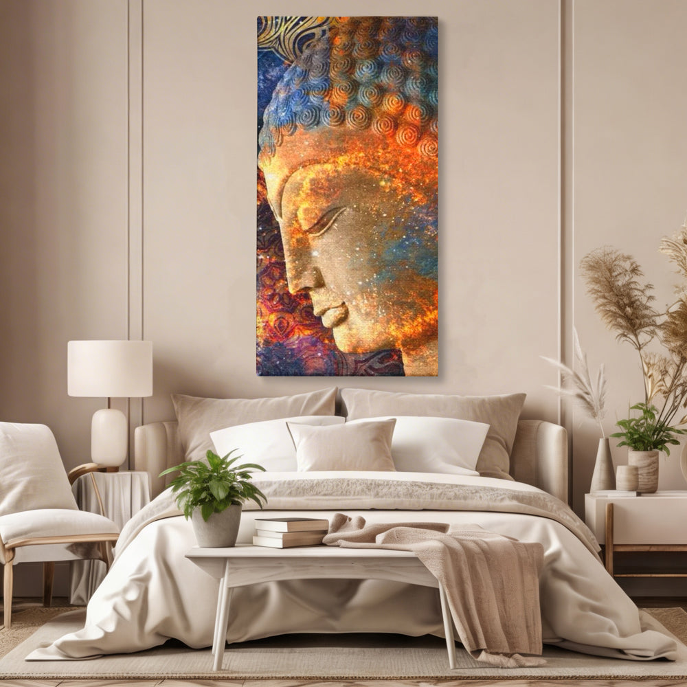 Tablou canvas cu tablou canvas cu profilul lui buddha, fara rama, pe sasiu de lemn, pe perete intr-un dormitor
