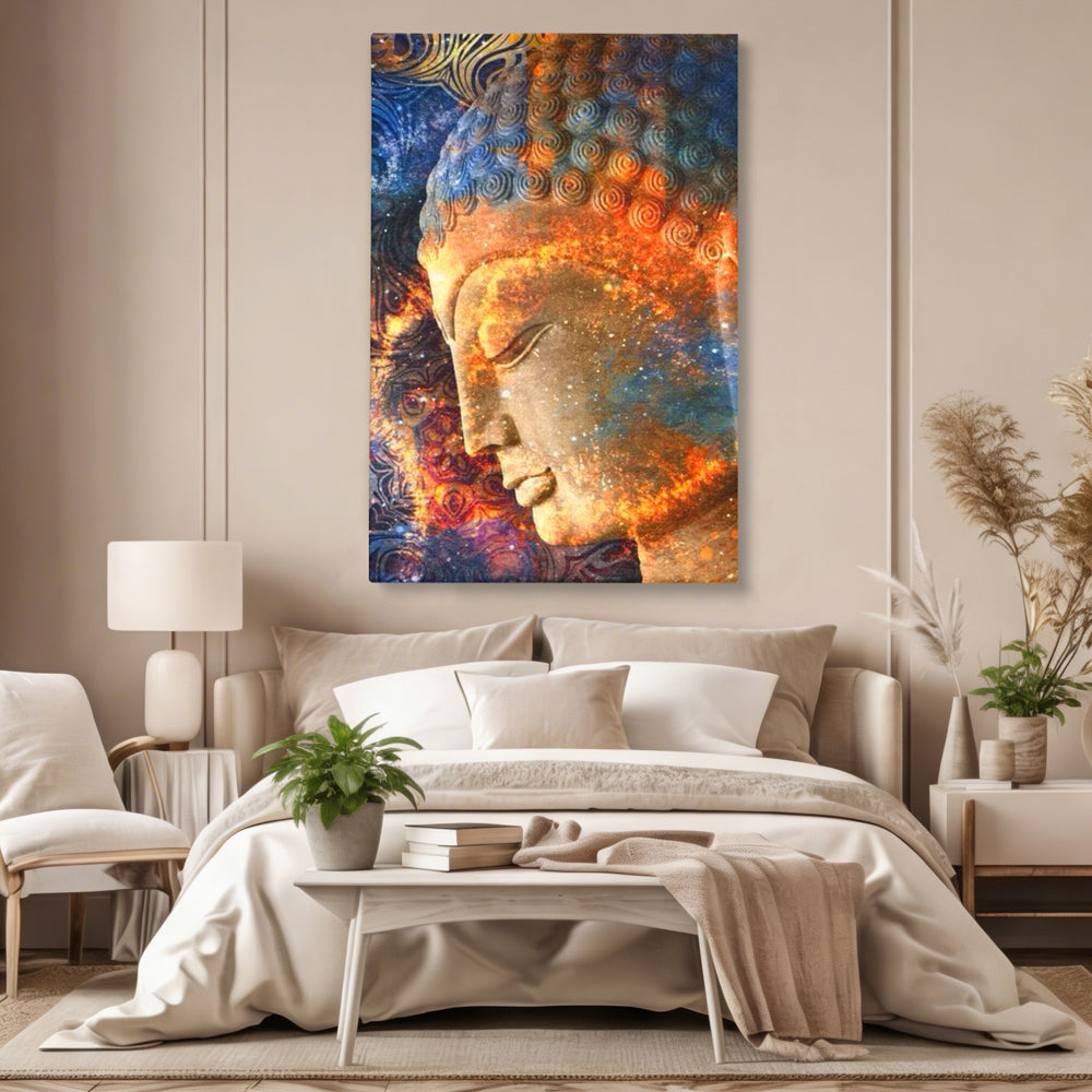 Tablou canvas cu tablou canvas cu profilul lui buddha, fara rama, pe sasiu de lemn, pe perete intr-un dormitor