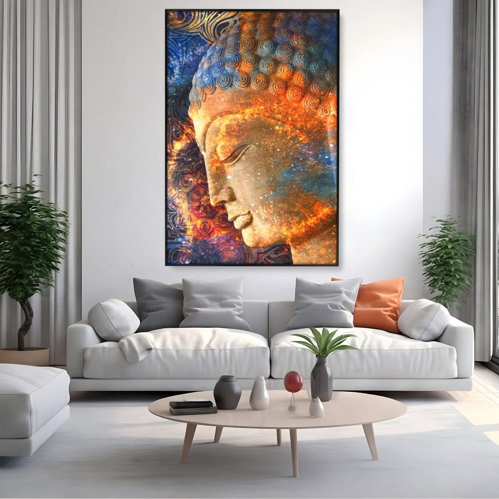 Tablou canvas cu tablou canvas cu profilul lui buddha, in rama de aluminiu negru, pe perete intr-un living