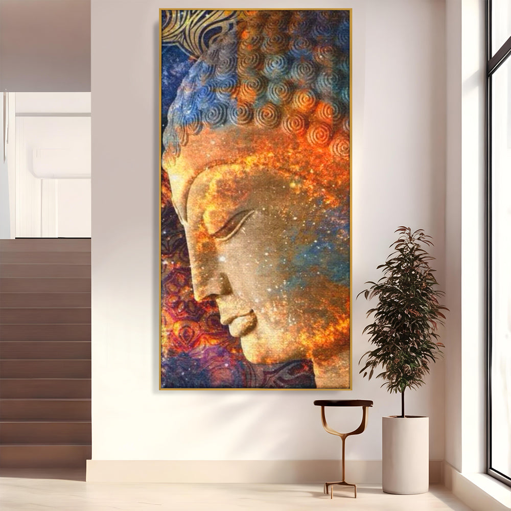 Tablou canvas cu tablou canvas cu profilul lui buddha, in rama de aluminiu auriu