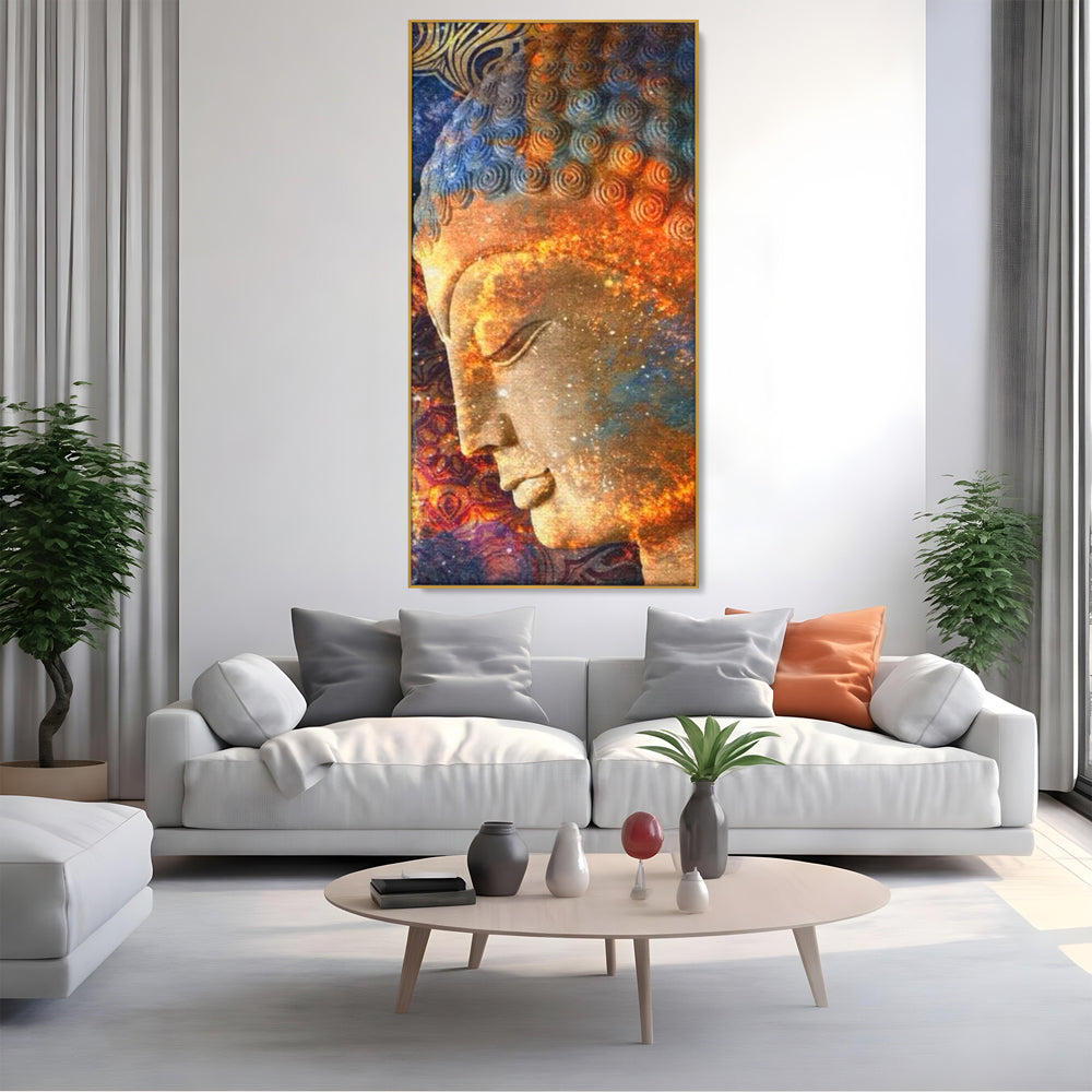 Tablou canvas cu tablou canvas cu profilul lui buddha, in rama de aluminiu auriu, pe perete intr-un living