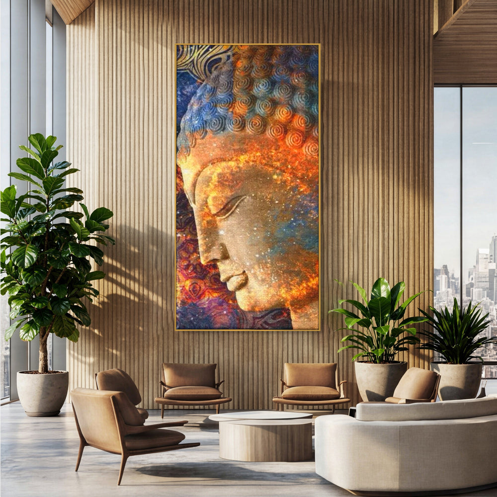Tablou canvas cu tablou canvas cu profilul lui buddha, in rama de aluminiu auriu, pe perete intr-un birou
