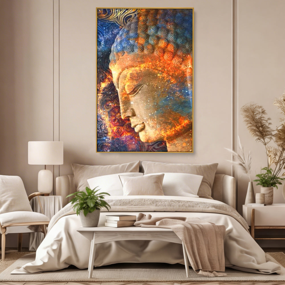 Tablou canvas cu tablou canvas cu profilul lui buddha, in rama de aluminiu auriu, pe perete intr-un dormitor