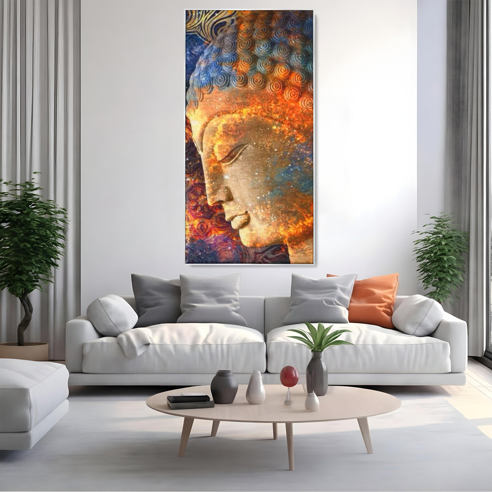Tablou canvas cu tablou canvas cu profilul lui buddha, in rama de aluminiu argintiu, pe perete intr-un living