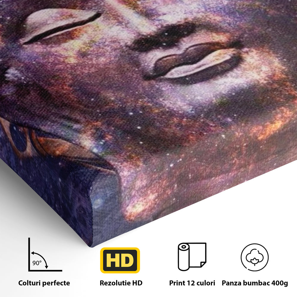 Detaliu al suprafetei: tablou canvas cu capul lui buddha si universul, fara rama, pe sasiu de lemn