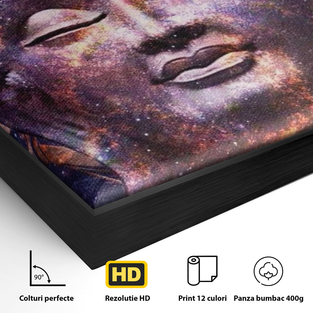 Detaliu al suprafetei: tablou canvas cu capul lui buddha si universul, in rama de aluminiu negru