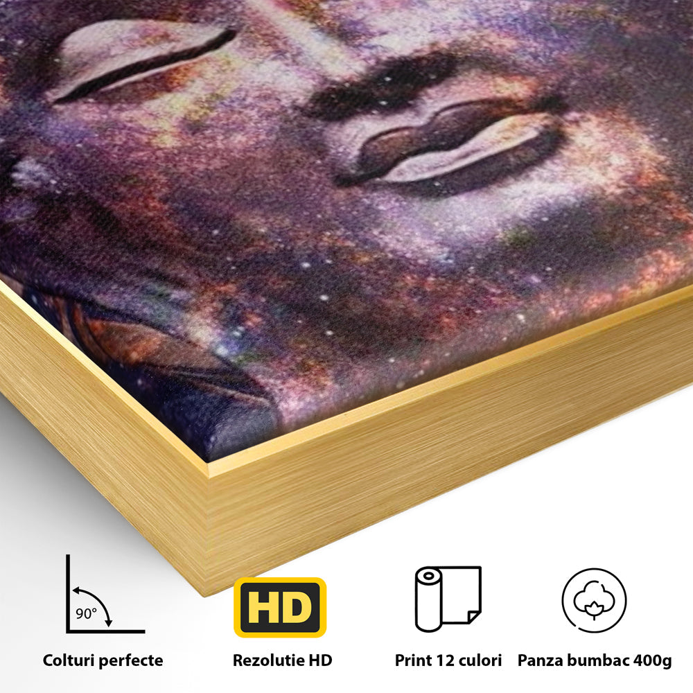 Detaliu al suprafetei: tablou canvas cu capul lui buddha si universul, in rama de aluminiu auriu