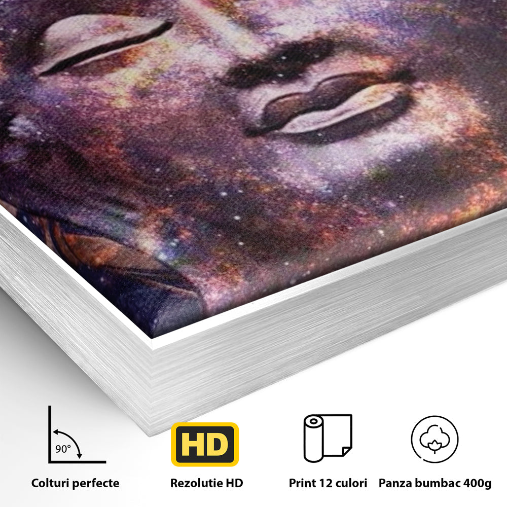 Detaliu al suprafetei: tablou canvas cu capul lui buddha si universul, in rama de aluminiu argintiu