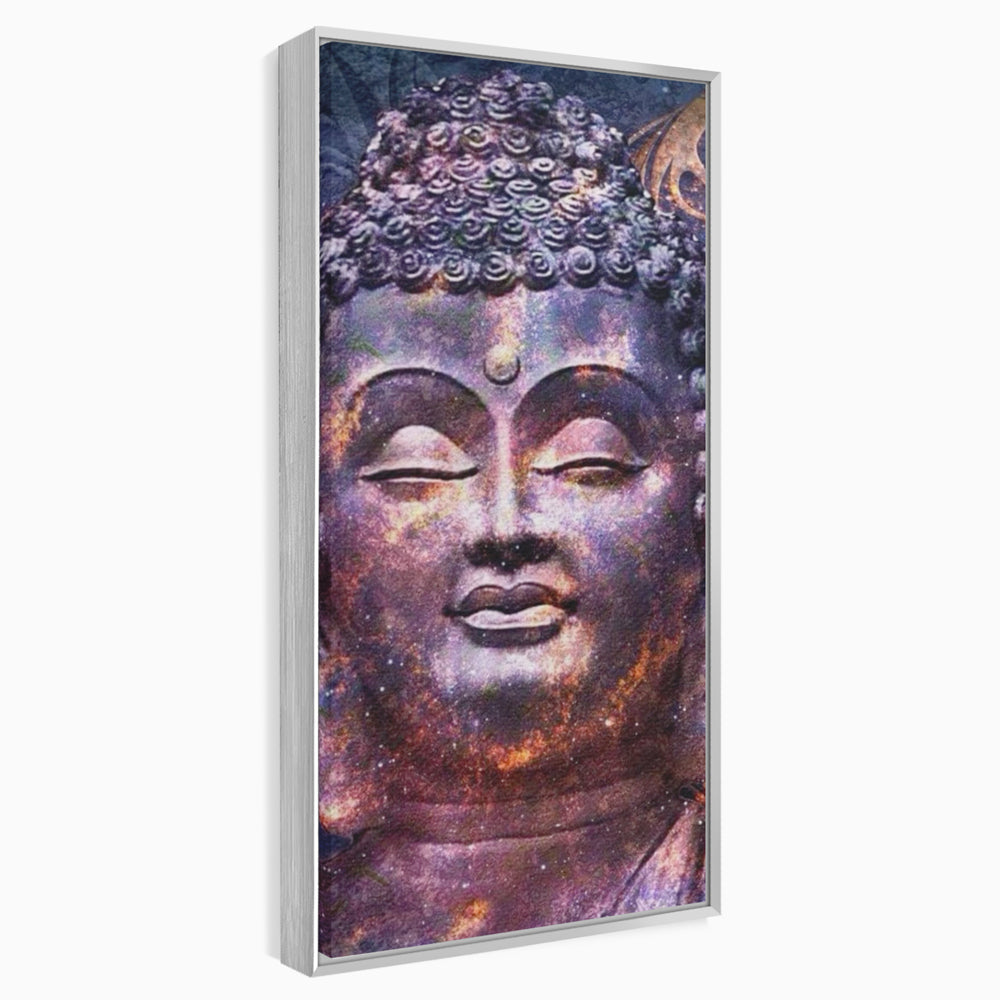 Tablou canvas cu tablou canvas cu capul lui buddha si universul, in rama de aluminiu argintiu