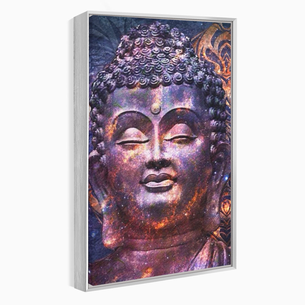 Tablou canvas cu tablou canvas cu capul lui buddha si universul, in rama de aluminiu argintiu