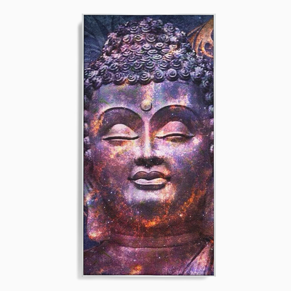 Tablou canvas cu tablou canvas cu capul lui buddha si universul, in rama de aluminiu argintiu