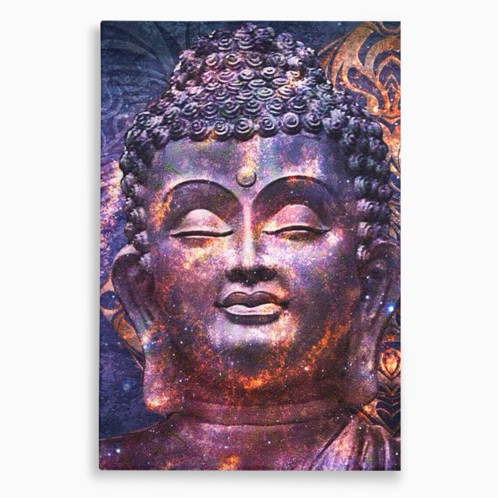 Tablou canvas cu tablou canvas cu capul lui buddha si universul, fara rama, pe sasiu de lemn