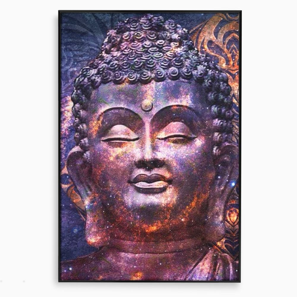 Tablou canvas cu tablou canvas cu capul lui buddha si universul, in rama de aluminiu negru