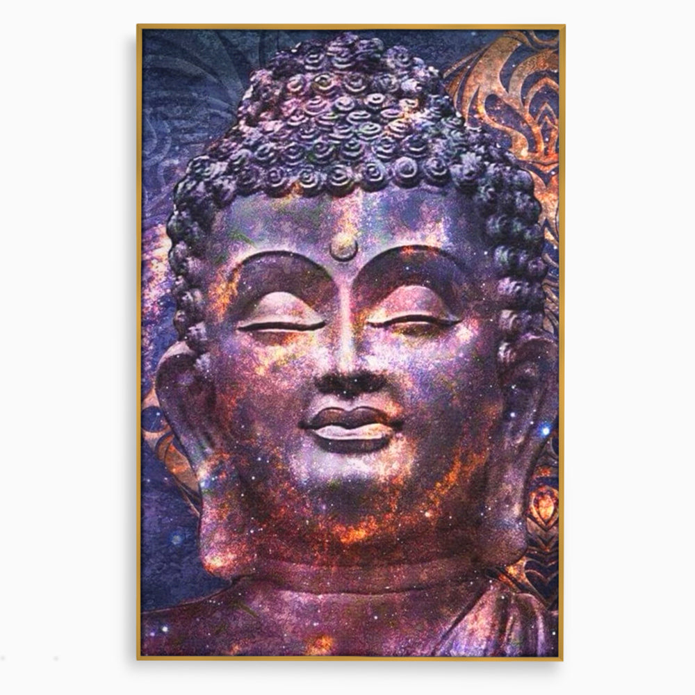 Tablou canvas cu tablou canvas cu capul lui buddha si universul, in rama de aluminiu auriu