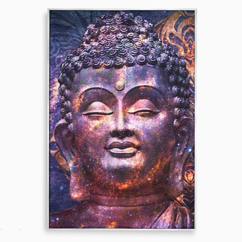 Tablou canvas cu tablou canvas cu capul lui buddha si universul, in rama de aluminiu argintiu