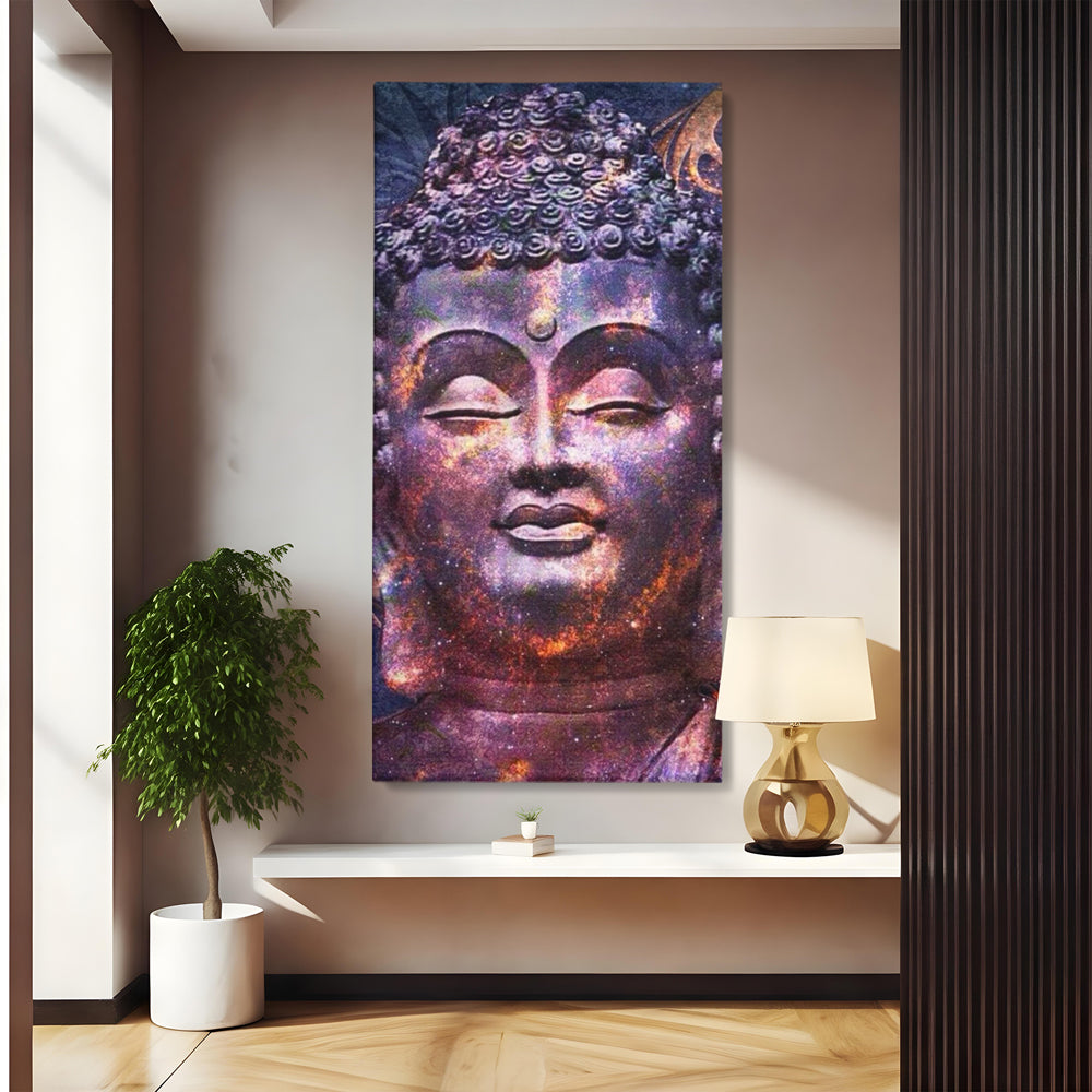Tablou canvas cu tablou canvas cu capul lui buddha si universul, fara rama, pe sasiu de lemn