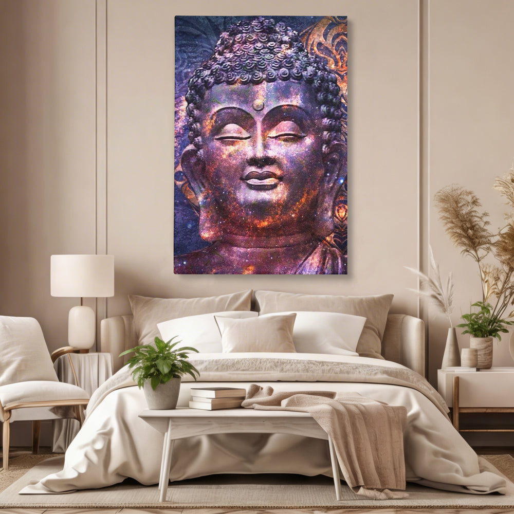 Tablou canvas cu tablou canvas cu capul lui buddha si universul, fara rama, pe sasiu de lemn, pe perete intr-un dormitor